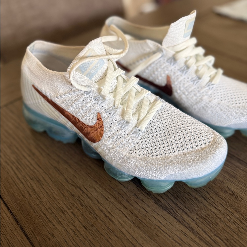 Nike vapor max White Knit Sneakers with Copper Swoosh and Icy Blue Sole